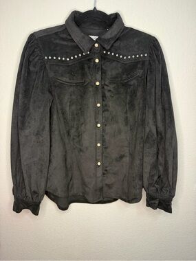 Panhandle Women Small Black Faux Suede Studded Pearl Snap Western Shirt
